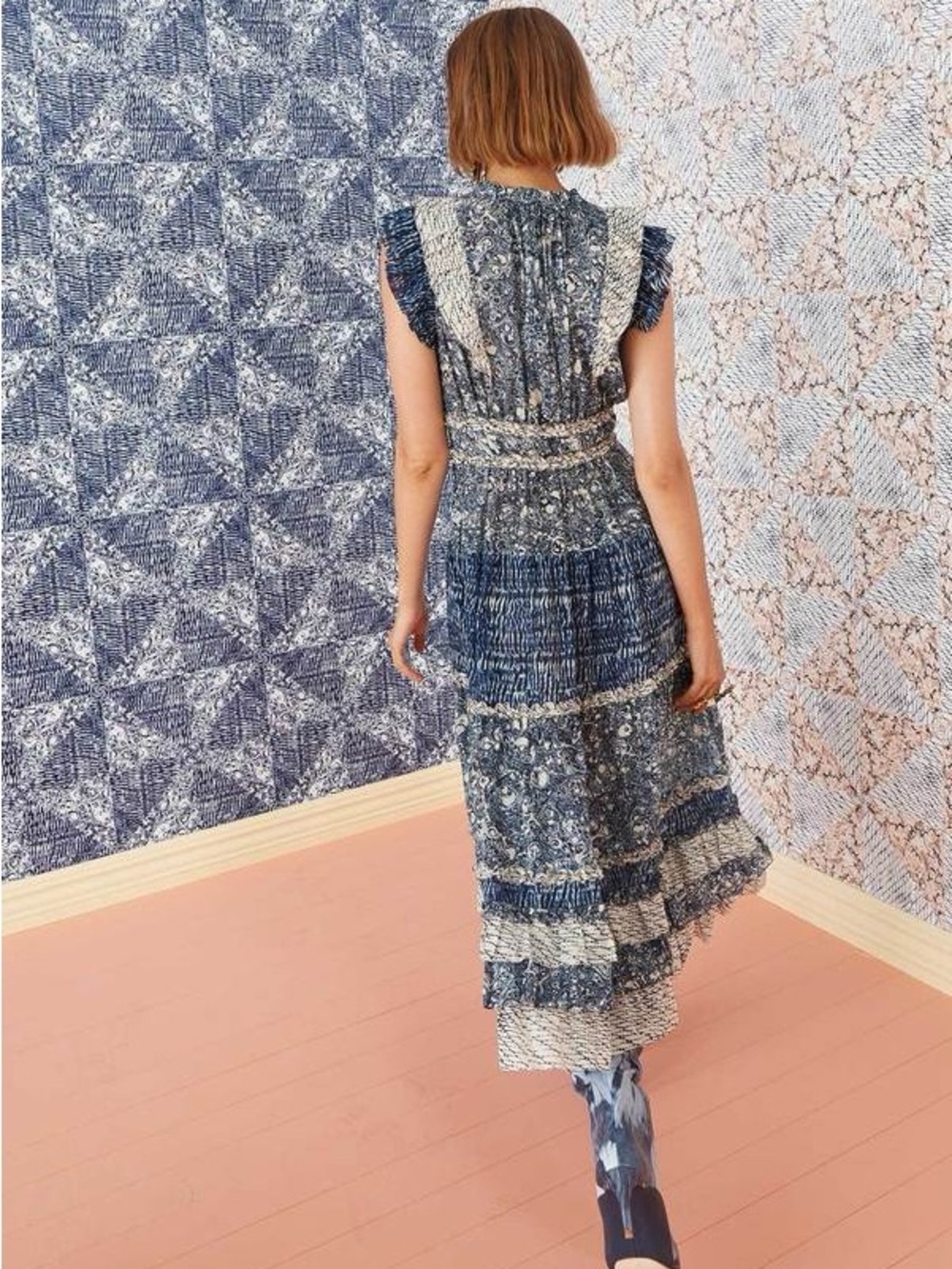 Ulla Johnson Kiri Ruffle Patchwork Midi Dress Indigo Size 4 - Picture 2 of 12